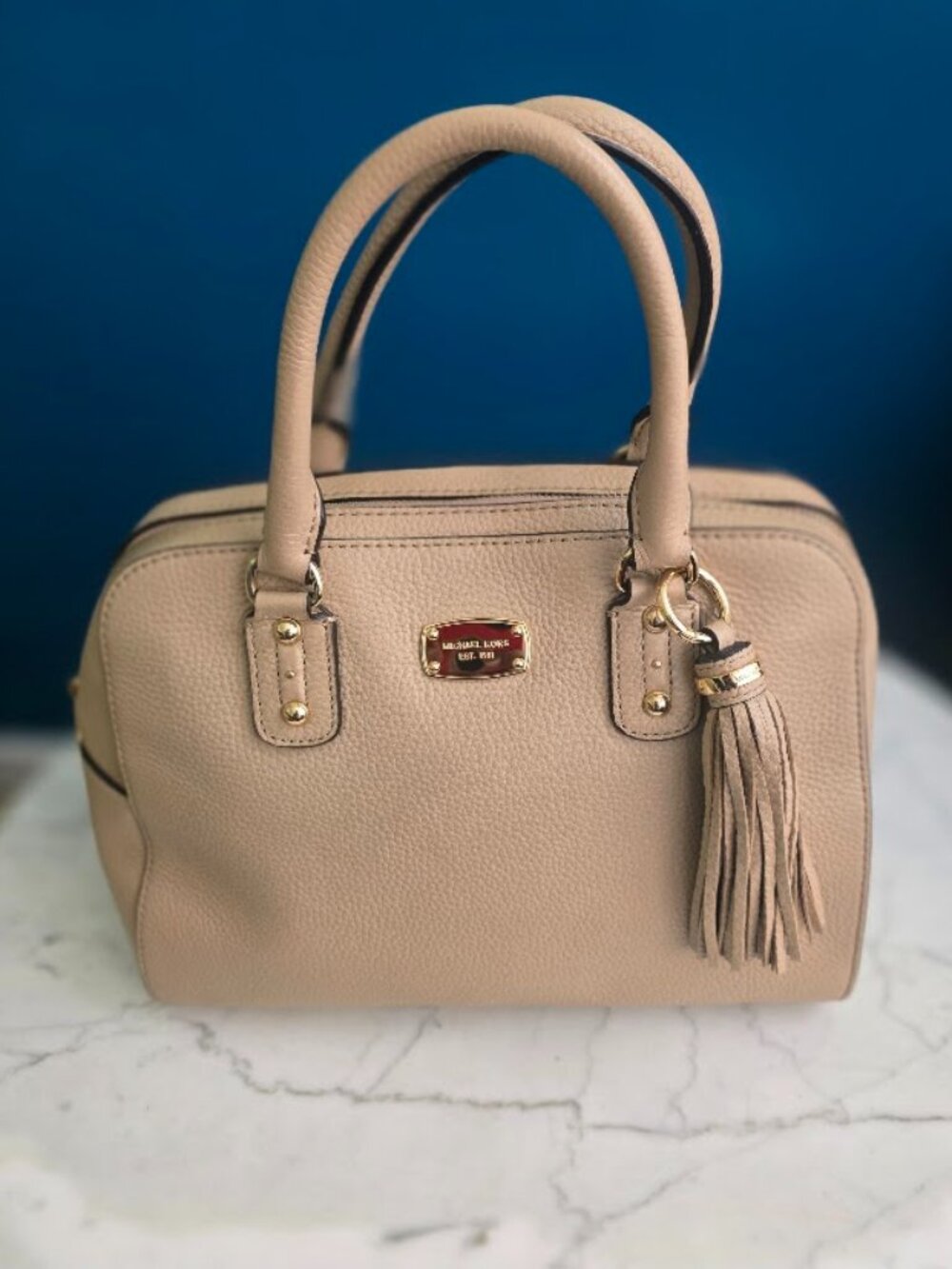 Michael Kors Sandrine Medium Leather Satchel Taupe Beige Tassel Handbag